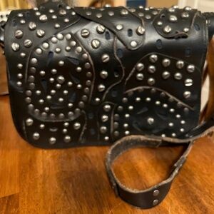 Stunning Patricia Nash Black Leather Crossbody Gunmetal/Silver Studded Purse